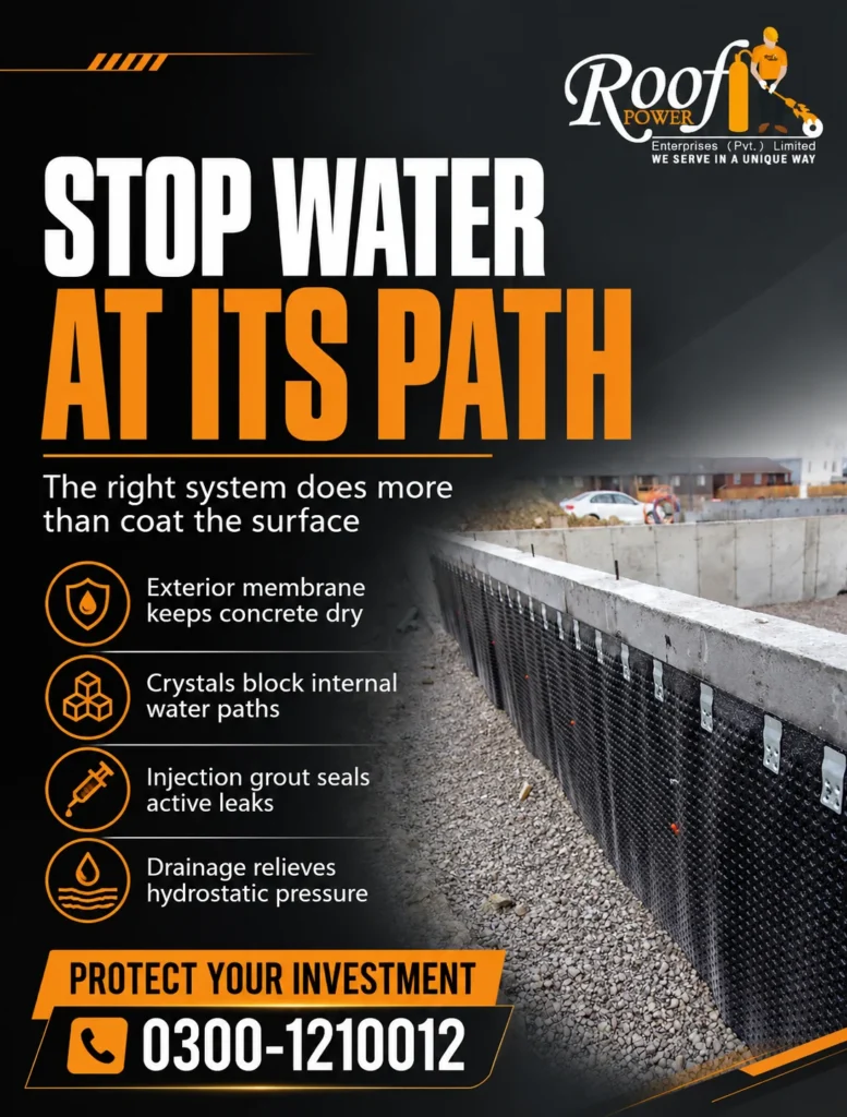 Professional basement waterproofing methods and high-quality materials used to prevent water seepage, dampness, and foundation moisture in Pakistan.