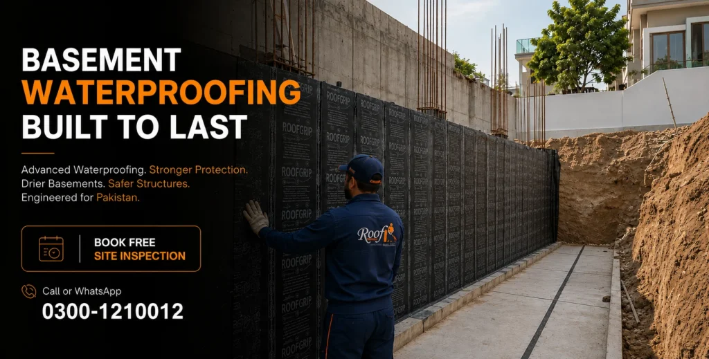 Professional basement waterproofing services in Pakistan protecting a residential basement from dampness, water seepage, leaks, and moisture damage with long-lasting waterproofing solutions.