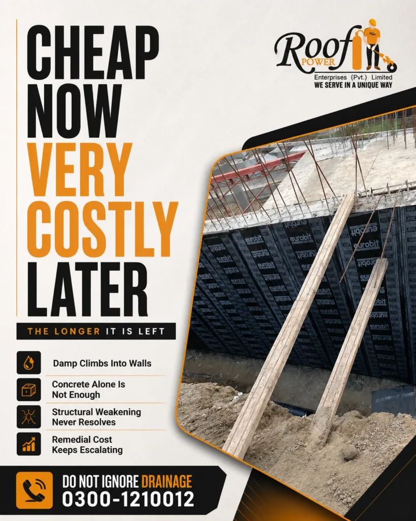 Examples of common foundation waterproofing mistakes, including poor membrane installation, unsealed cracks, and inadequate drainage, requiring Foundation Waterproofing Services in Pakistan.
