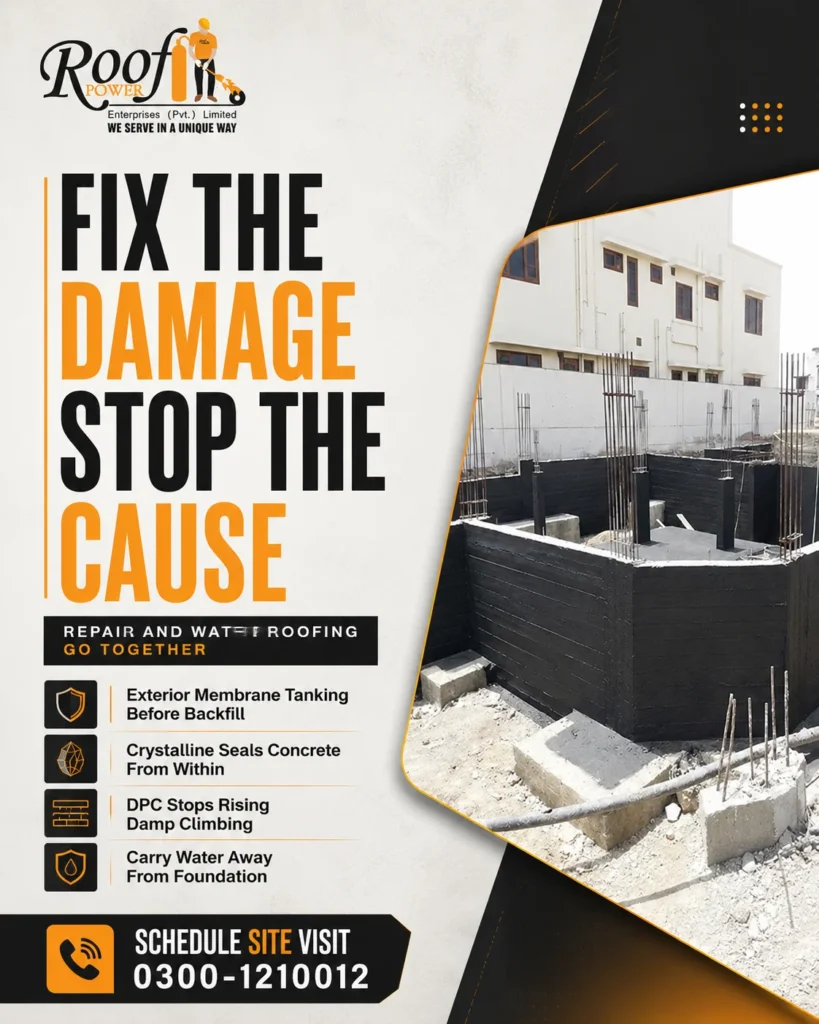 Professional technicians applying advanced foundation waterproofing methods, including waterproof membranes and protective coatings, during Foundation Waterproofing Services in Pakistan.
