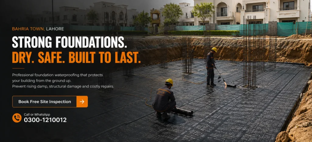 Professional foundation waterproofing experts applying advanced waterproofing solutions to protect a building foundation as part of Foundation Waterproofing Services in Pakistan by Roof Power Enterprises.