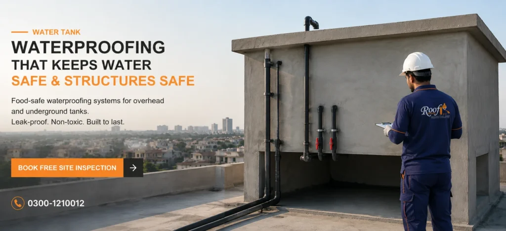Professional water tank waterproofing services in Pakistan by Roof Power Enterprises, providing durable waterproof coatings for residential, commercial, and industrial water storage tanks.