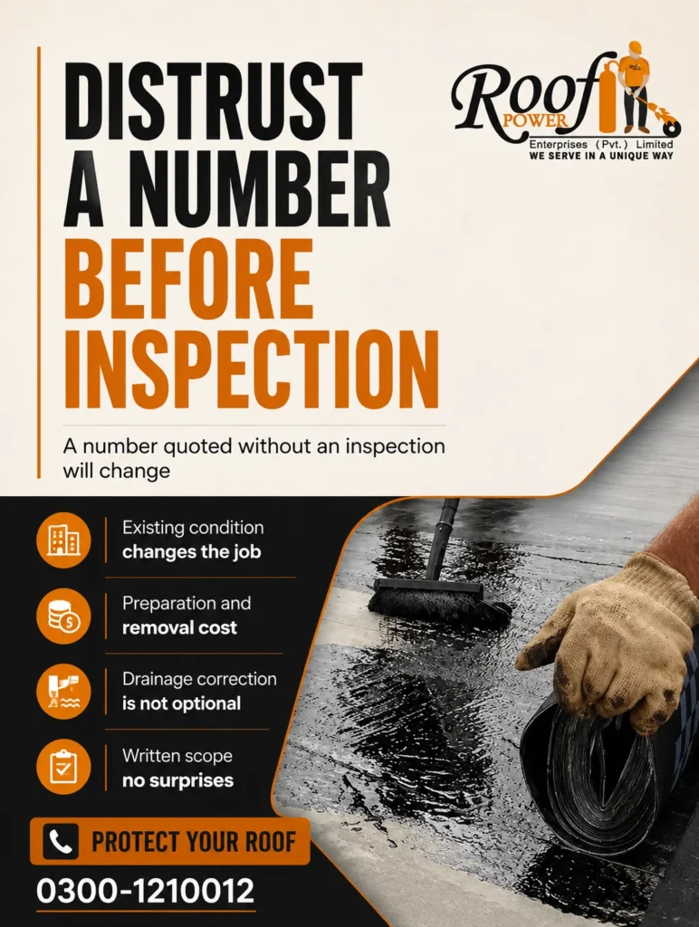 A roofing professional assessing a building roof to determine the factors that influence roof waterproofing cost, including roof size, condition, materials, and repair requirements.