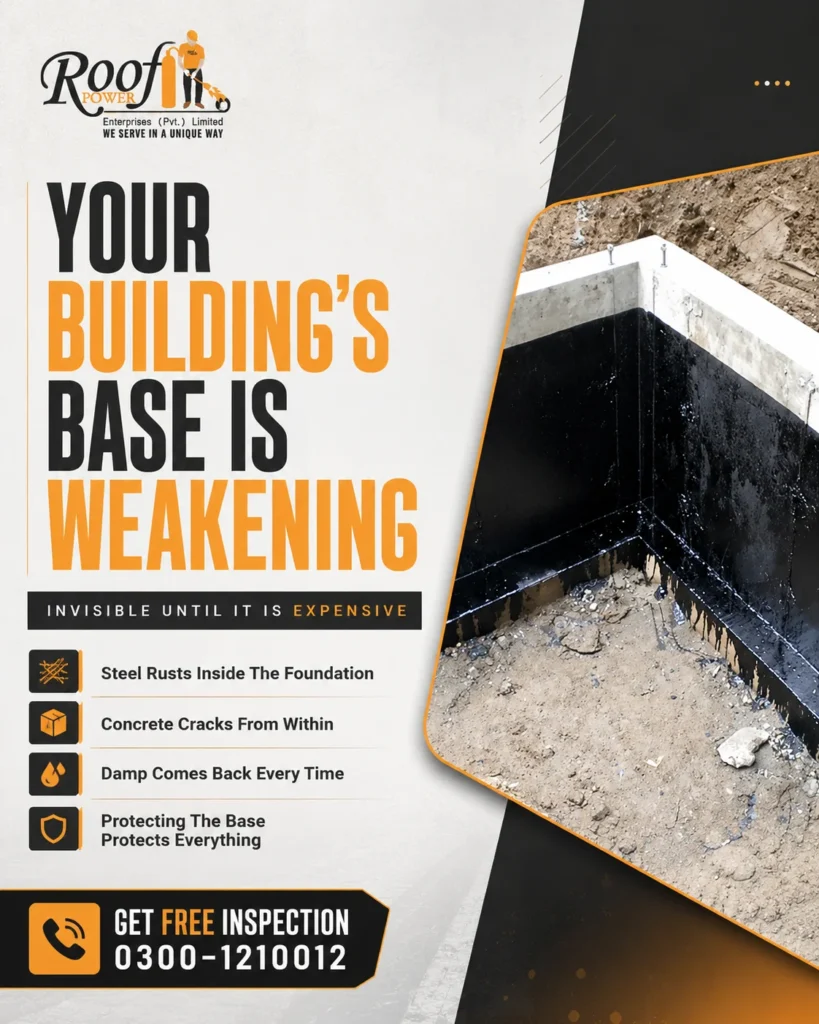 Foundation waterproofing professionals applying a protective waterproof membrane to a building foundation to prevent water infiltration and improve long-term structural durability with Foundation Waterproofing Services in Pakistan.